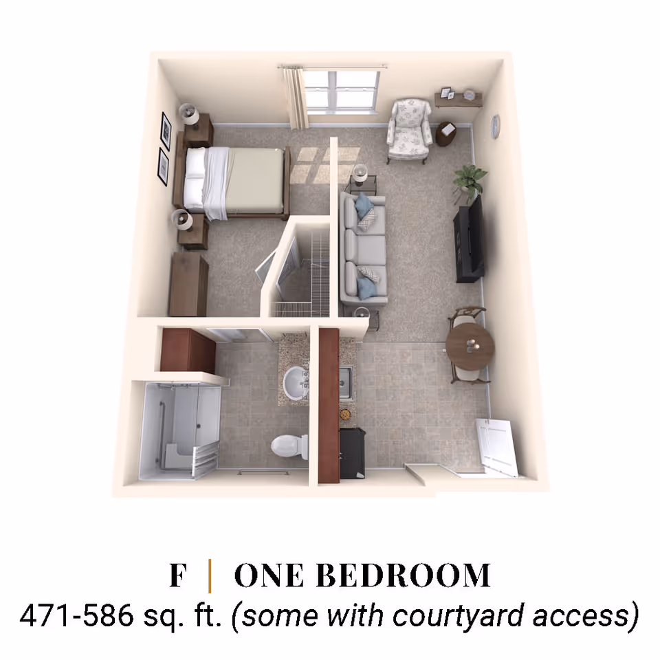 3D floor plan of a one-bedroom apartment featuring a bedroom with a bed, nightstands, and dresser; a living room with a sofa, armchair, TV, and small dining table; a kitchen area with a sink and stove; and a bathroom with a shower, toilet, and sink.