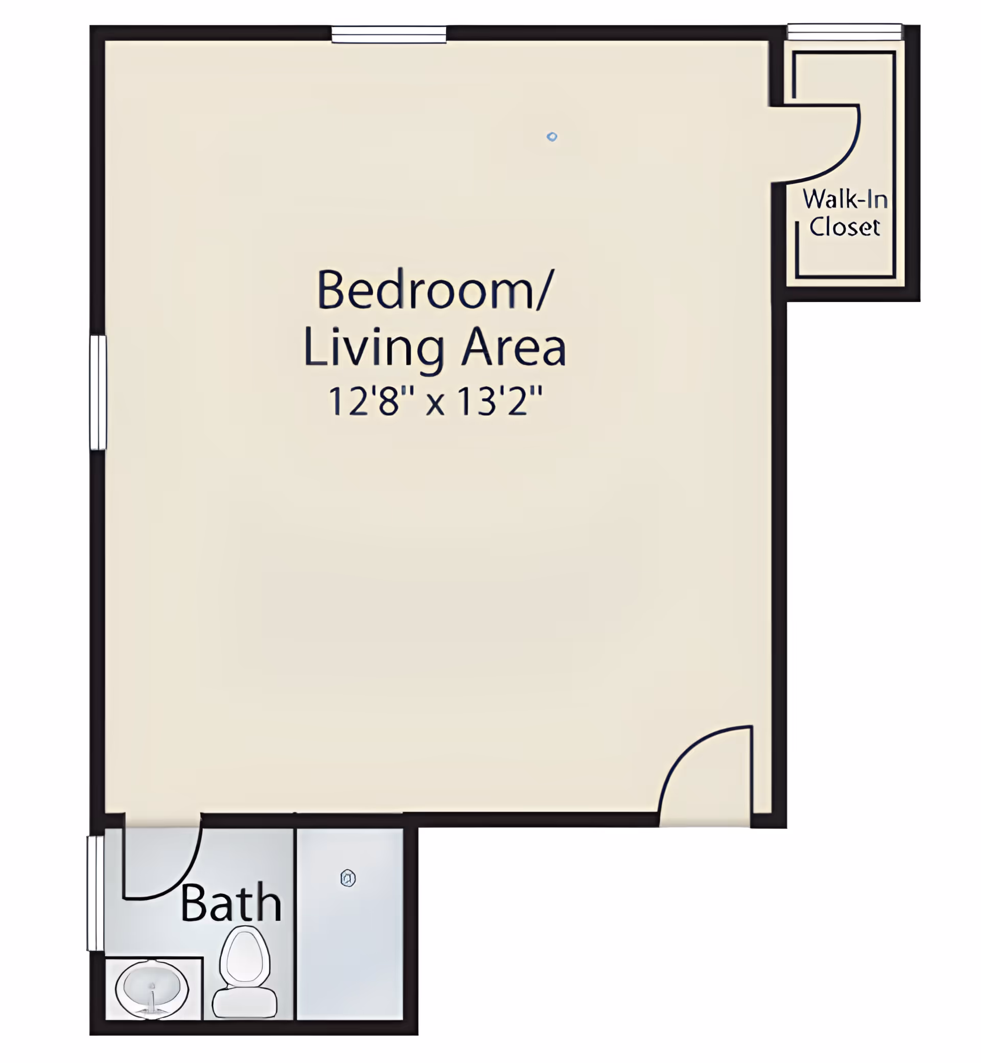 Floor plan of a studio showing a combined bedroom/living area (12'8" x 13'2"), a bathroom, and a walk-in closet.