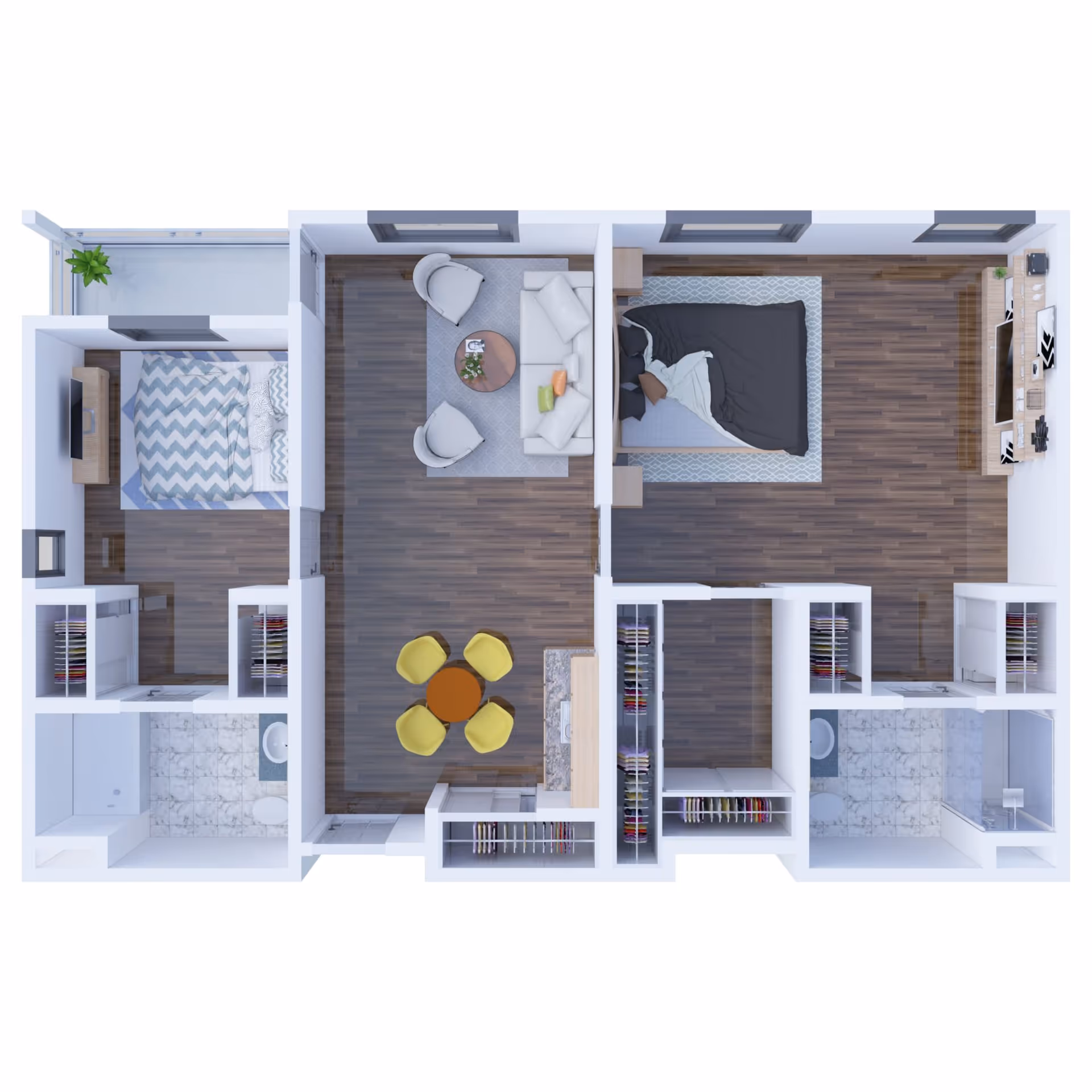 Top-down 3D floor plan of a two-bedroom apartment featuring a living room, dining area with four yellow chairs, closets, and two bathrooms.