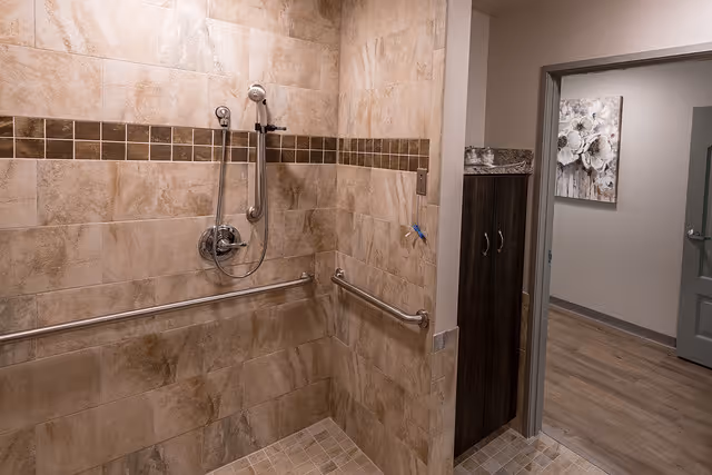 A tiled walk-in shower with beige and brown tiles, equipped with a handheld showerhead and two horizontal grab bars. The shower area is adjacent to a hallway with wood flooring and a closed door. A floral painting is visible on the wall in the hallway.