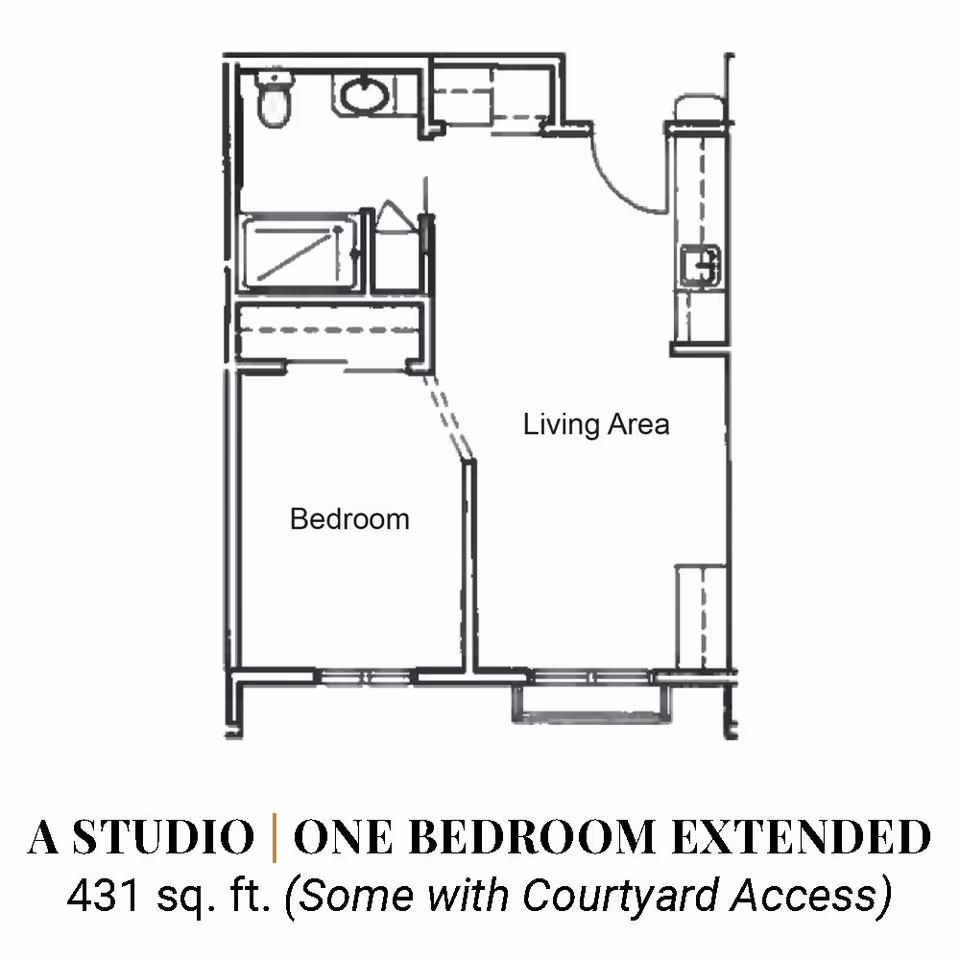 Black-and-white floor plan labeled 'Bedroom' and 'Living Area' showing a one-bedroom studio layout with bathroom and kitchenette and text stating 431 sq. ft.