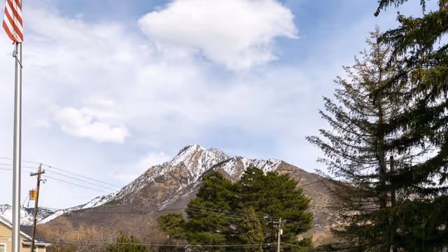 Snow-capped mountain rising behind evergreen trees with an American flag on a pole and power lines under a partly cloudy sky.
