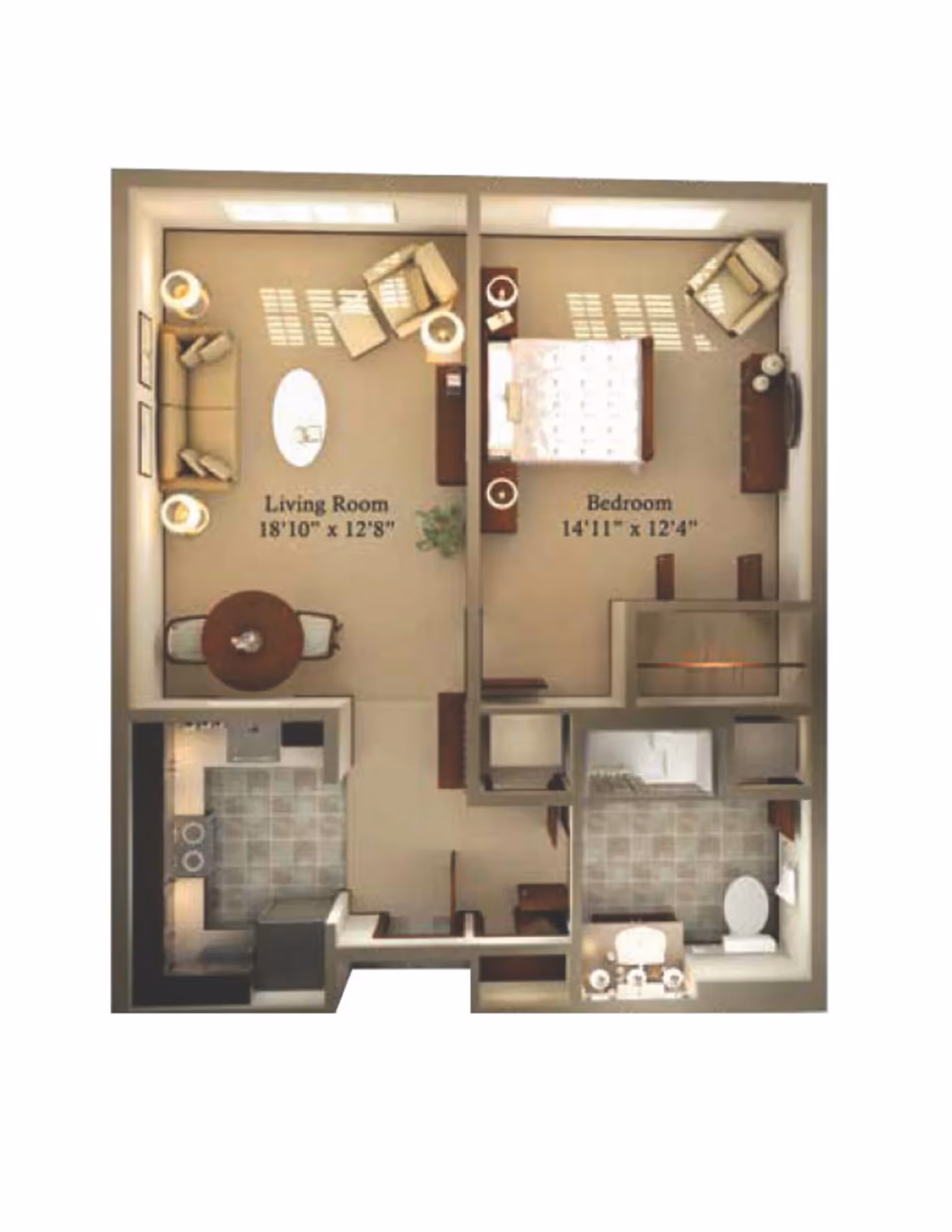 Top-down view of a senior living apartment floor plan showing a living room with sofa, armchair, coffee table, and dining table; a bedroom with a bed, armchair, dresser, and nightstands; a kitchen with appliances and cabinets; and a bathroom with a sink, toilet, and shower.