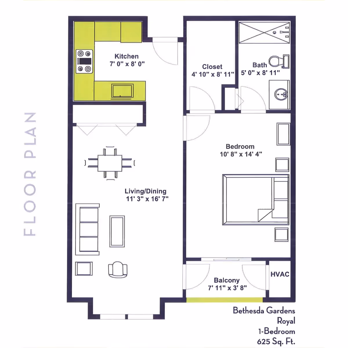 Floor plan of a one-bedroom apartment at Bethesda Gardens showing a kitchen, living/dining area, bedroom, closet, bathroom, balcony, and HVAC area with dimensions for each room.