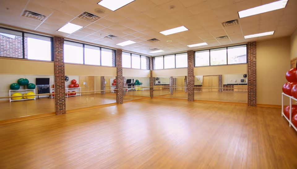 A spacious exercise or dance room with wooden floors, large mirrors on the walls, brick pillars, and windows near the ceiling letting in natural light. Exercise balls in green, yellow, and red are stored on racks along the walls.