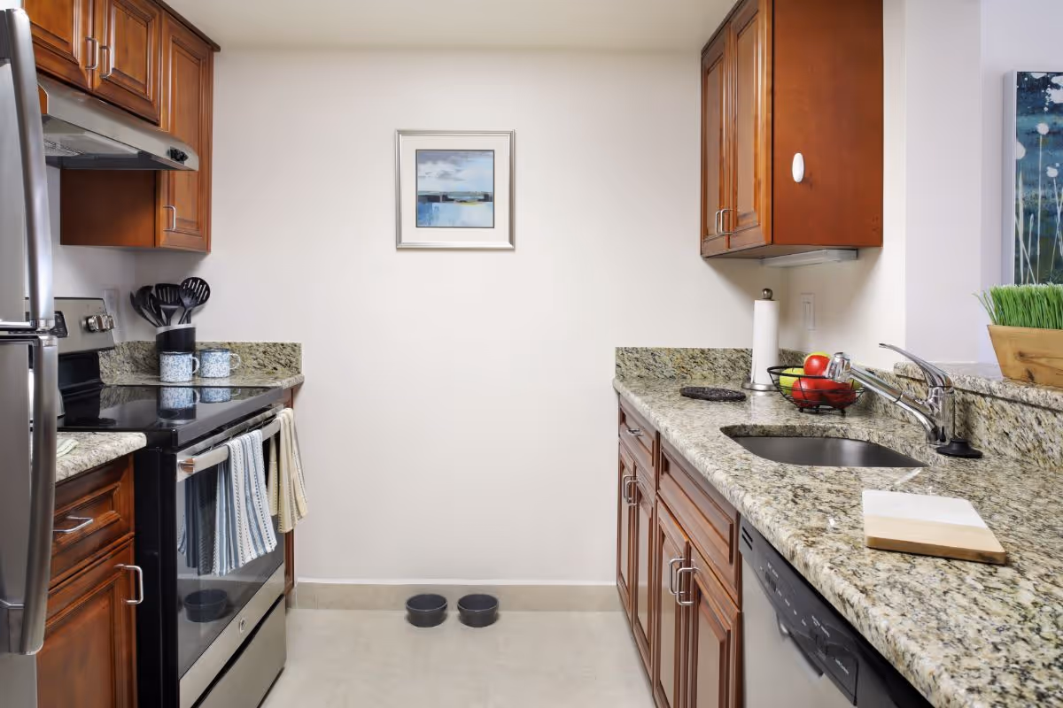 A modern kitchen with granite countertops and wooden cabinets. The kitchen features a stainless steel refrigerator, stove with oven, and a dishwasher. There are kitchen utensils in a holder, two mugs on the counter, a paper towel holder, a fruit basket with apples and bananas, a cutting board, and a small plant on the counter. Two pet bowls are placed on the floor against the wall. A framed picture hangs on the wall above the pet bowls.