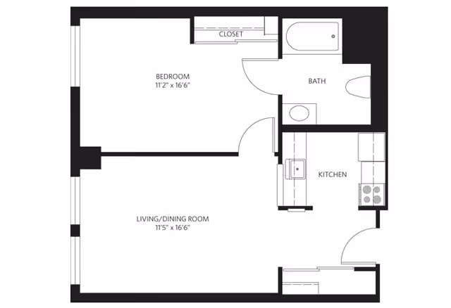 Floor plan of a residential unit showing a bedroom measuring 11 feet 2 inches by 16 feet 6 inches with a closet, a bathroom with a bathtub, toilet, and sink, a kitchen with a stove and sink, and a combined living and dining room measuring 11 feet 5 inches by 16 feet 6 inches.