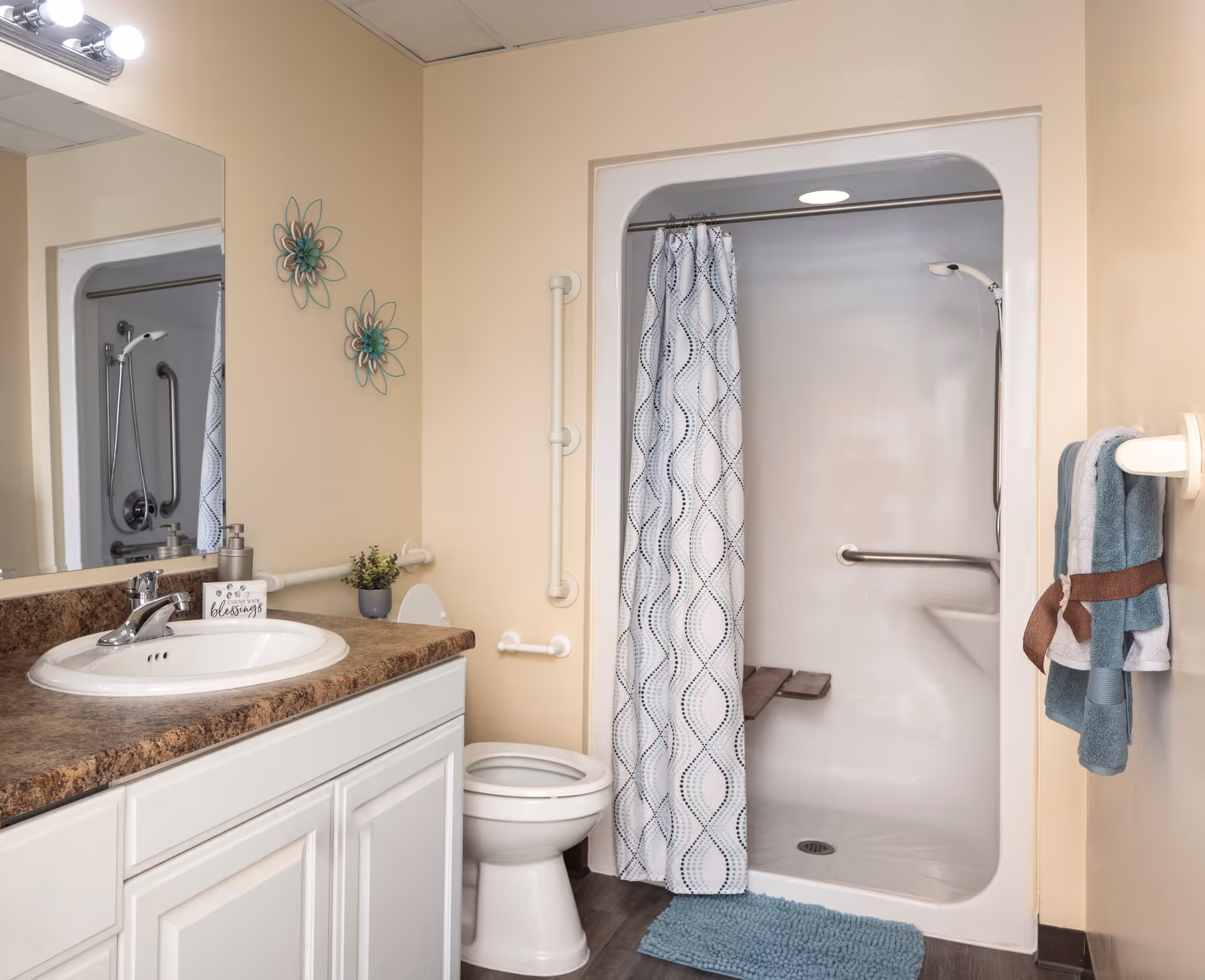 A clean senior-friendly bathroom with a sink and countertop, toilet, and a walk-in shower with grab bars and a patterned shower curtain.