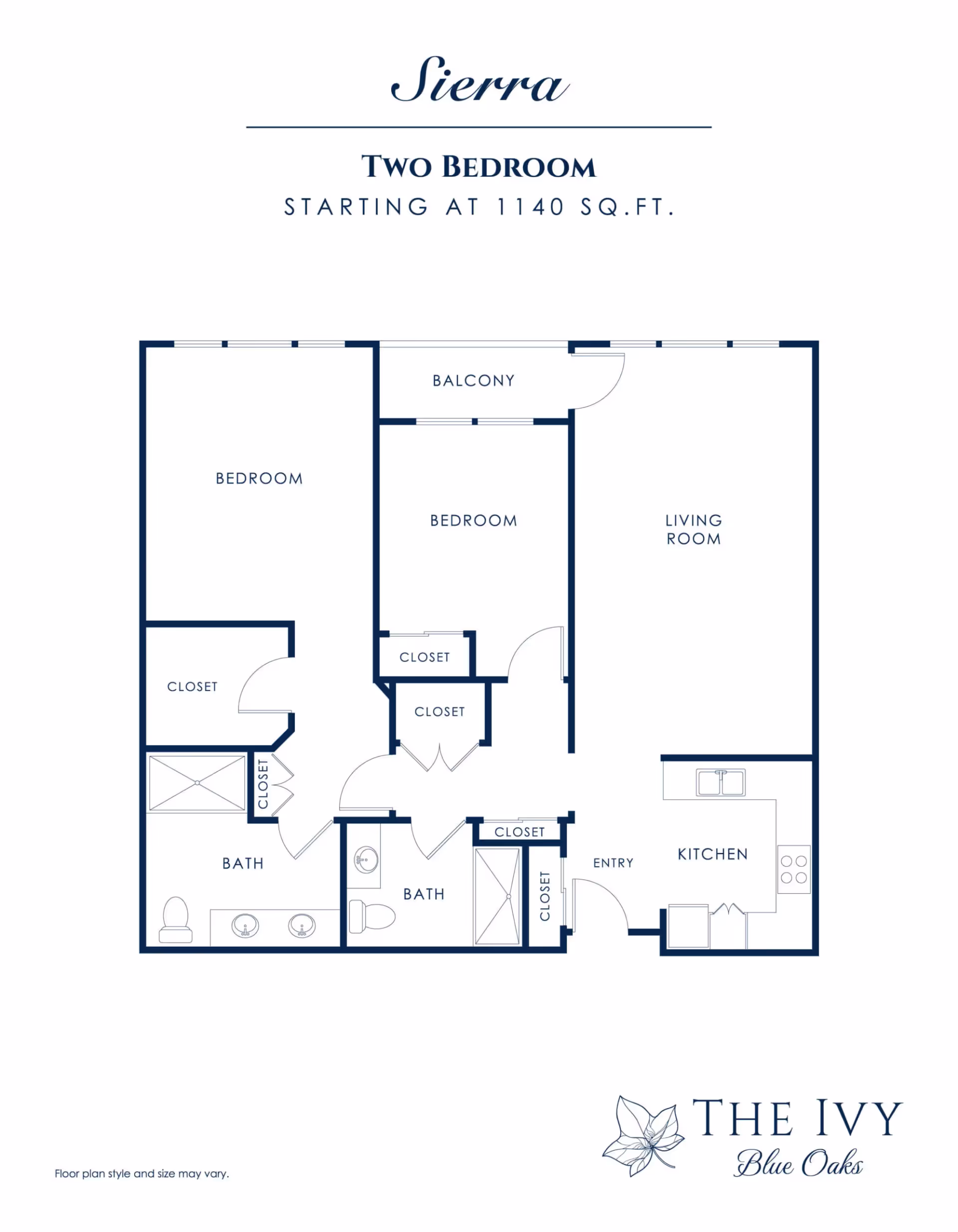 Floor plan for a two-bedroom apartment named Sierra at The Ivy At Blue Oaks, showing two bedrooms, two bathrooms, a living room, kitchen, balcony, entry, and multiple closets.