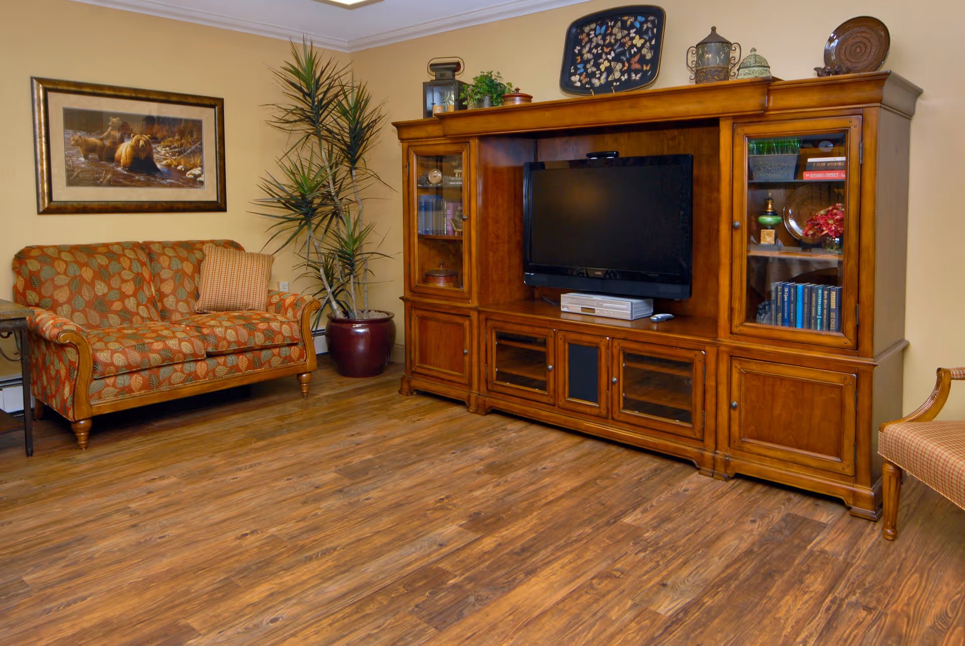 Cozy living room with a patterned loveseat, a large wooden entertainment center holding a TV, a potted plant, and hardwood floors.