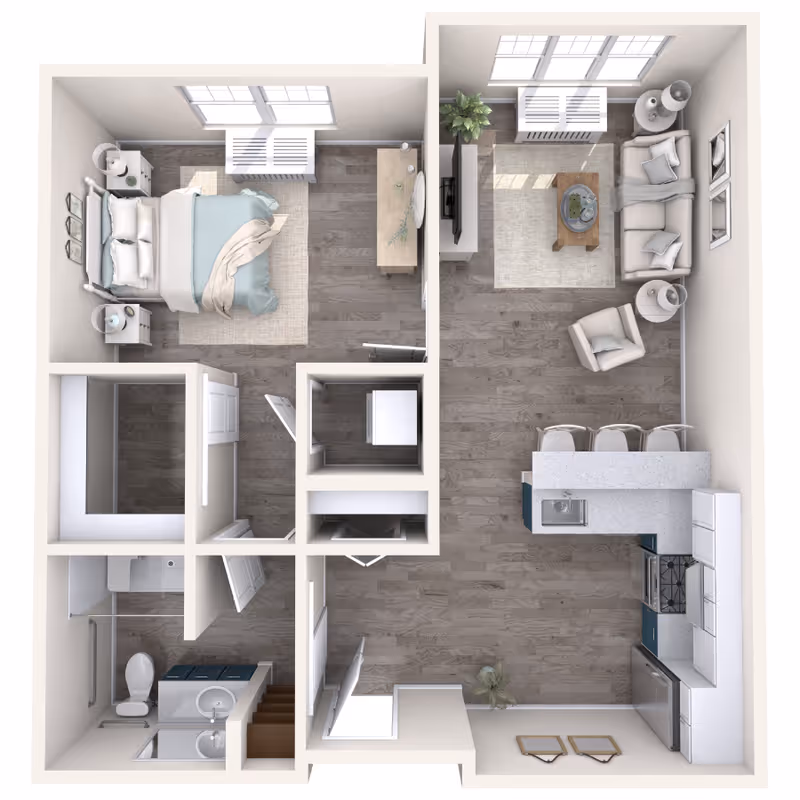 Top-down view of a one-bedroom apartment floor plan featuring a bedroom with a bed and nightstands, a bathroom with a shower, toilet, and sink, a living room with a sofa, armchair, coffee table, TV, and a plant, and an open kitchen with a countertop, sink, stove, and refrigerator. The flooring is wood throughout.