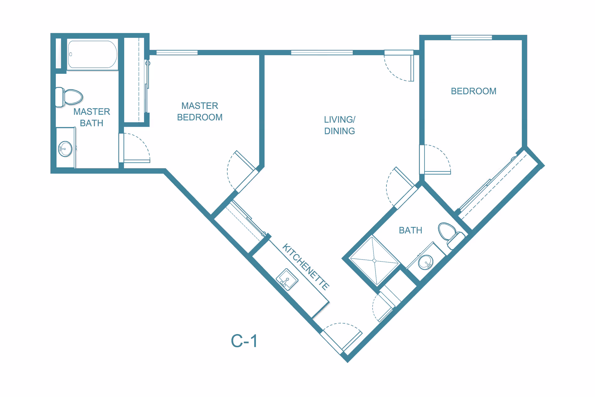 Architectural floor plan of a senior living unit labeled C-1 at Hilltop Estates, showing a master bedroom with an attached master bath, a second bedroom, a bath, a living/dining area, and a kitchenette.