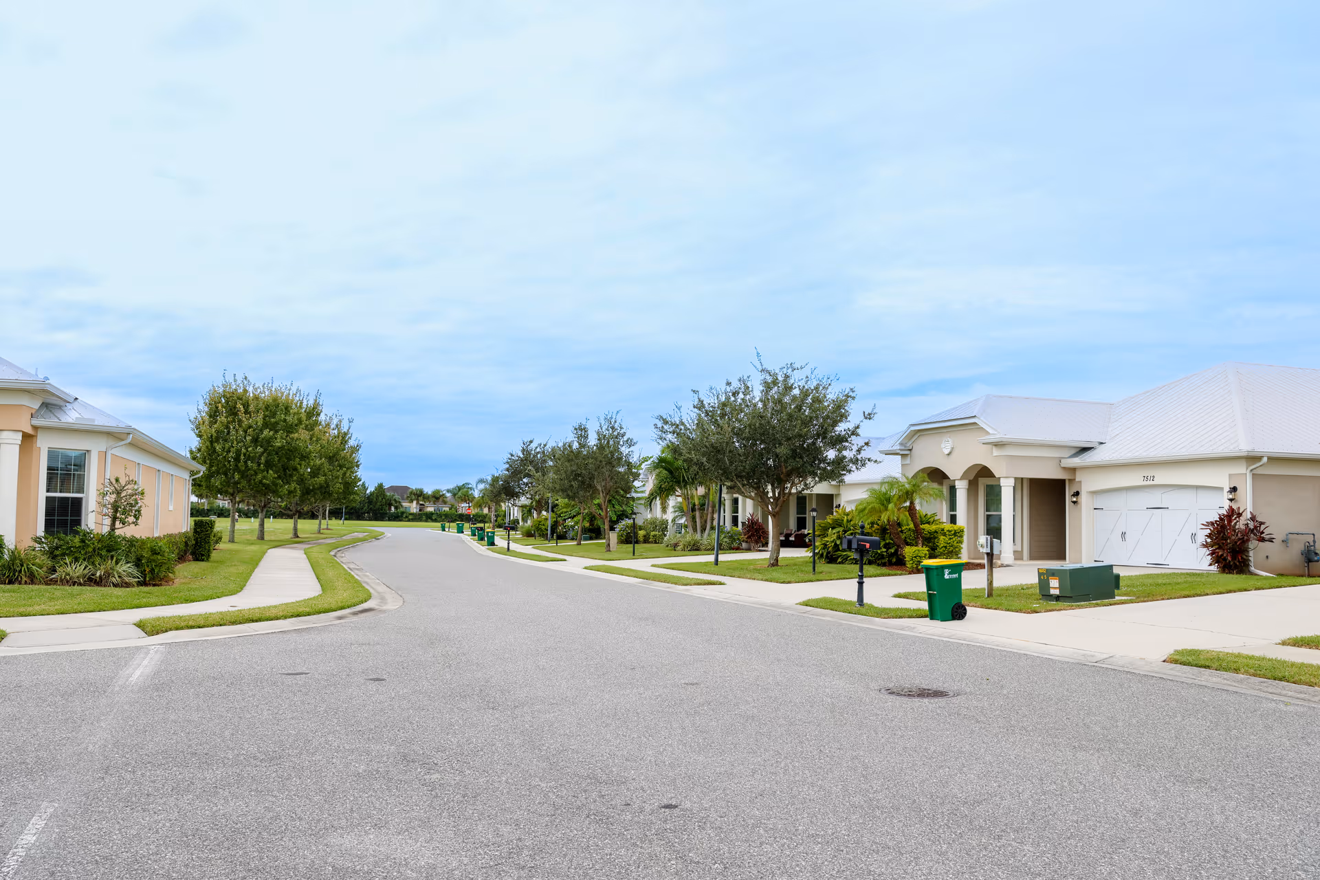 A quiet residential street in a senior living community with single-story houses, well-maintained lawns, trees, and a cloudy sky overhead.