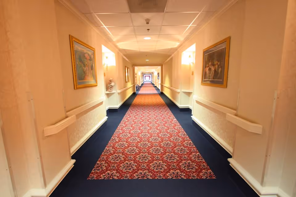 Long indoor hallway with patterned red carpet runner and blue borders, cream-colored walls adorned with framed paintings, and ceiling lights evenly spaced along the corridor.