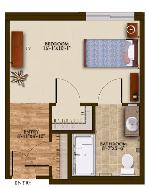 Floor plan of a senior living unit at Harmony at Oakbrooke showing a bedroom measuring 16 feet 1 inch by 10 feet 1 inch with a bed, TV, and furniture, an entry area measuring 8 feet 11 inches by 4 feet 10 inches with wood flooring, and a bathroom measuring 8 feet 7 inches by 5 feet 6 inches with a bathtub, toilet, and sink.