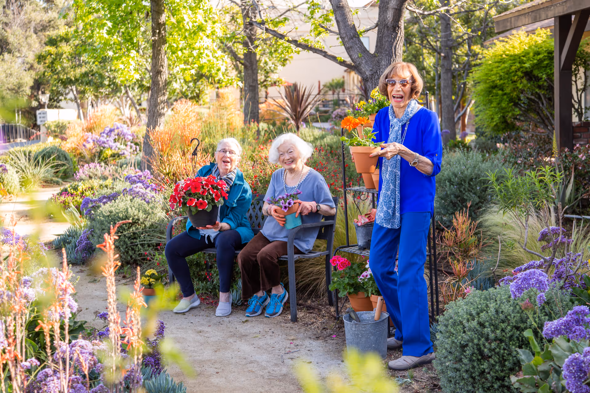 Three elderly women enjoying a sunny day in a colorful garden. Two women are sitting on a bench holding potted flowers, while the third woman stands nearby holding a potted plant. The garden is lush with various blooming flowers and greenery.