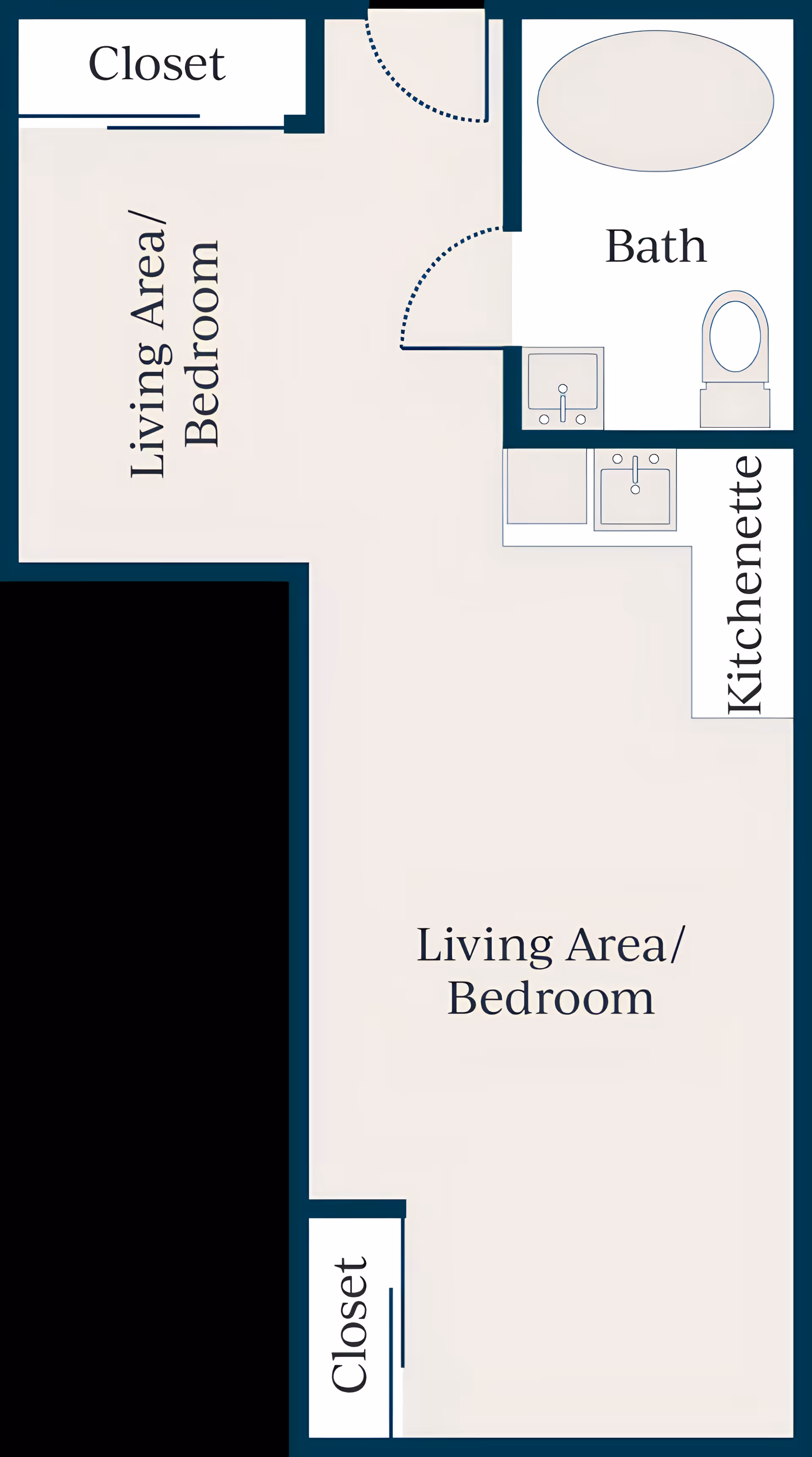 Floor plan layout of a senior living community unit showing a combined living area and bedroom, two closets, a kitchenette, and a bathroom with a bathtub, sink, and toilet.