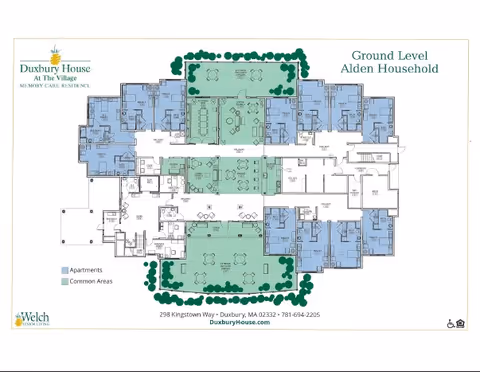 Floor plan of the ground level Alden Household at Duxbury House, showing apartments marked in blue and common areas marked in green. The layout includes multiple apartment units surrounding central common areas with furniture and greenery. Contact information and website for Duxbury House are displayed at the bottom.