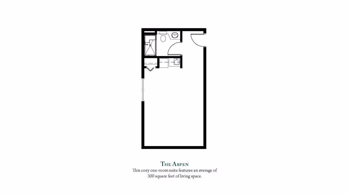 Floor plan of The Aspen, a cozy one-room suite with an average of 300 square feet of living space, showing a bathroom with a shower, toilet, and sink, a small kitchenette area, and an open living space.