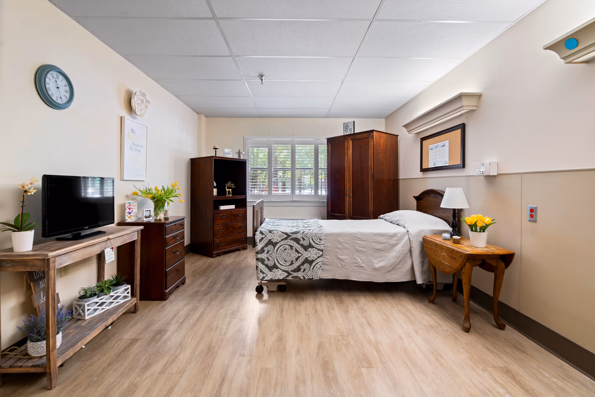 Bright furnished senior living bedroom with a single bed, wooden furniture, TV, and plants by a window.
