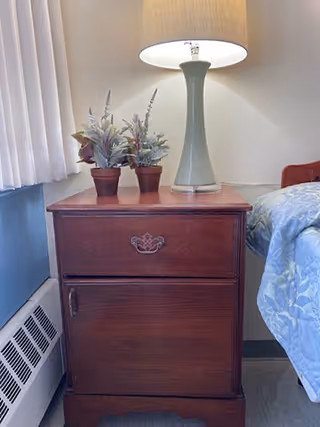 A wooden bedside table with two drawers, a light green ceramic lamp with a beige lampshade on top, and two small potted plants. Part of a bed with a blue patterned comforter is visible on the right side, and a window with white curtains is on the left.