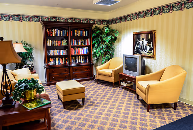 A cozy living room area with patterned carpet, two yellow armchairs, a matching ottoman, a wooden bookshelf filled with books, a small wooden TV stand with an older-style television, a framed painting of dogs on the wall, and several green plants. There is also a wooden side table with a lamp and a potted plant.