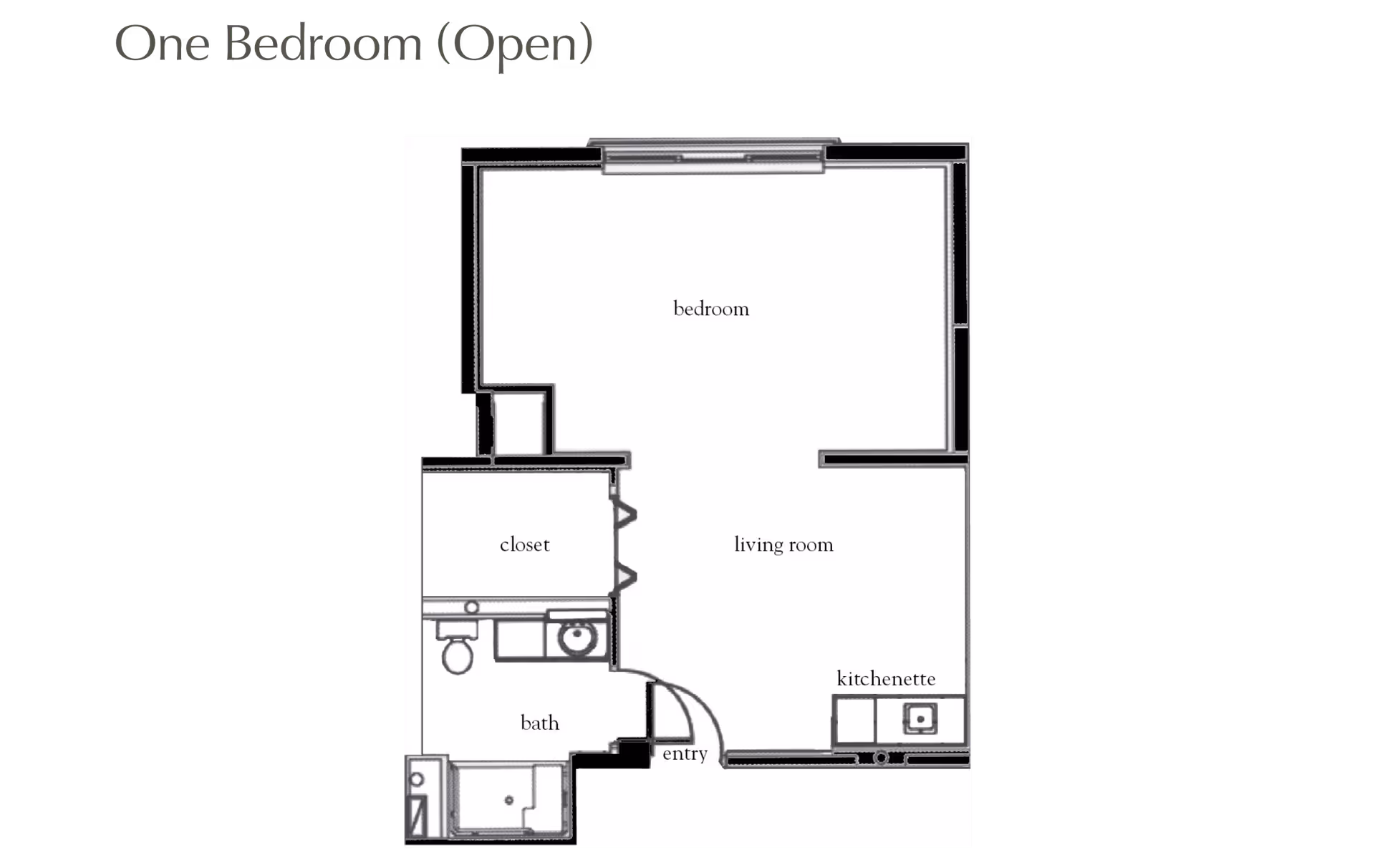 Floor plan layout of a one-bedroom open apartment featuring a bedroom, living room, kitchenette, closet, bathroom, and entry area.
