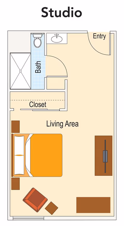 Floor plan of a studio apartment showing an entry door leading into a living area with a bed, two nightstands, an armchair with a small table, a TV on a stand, and a closet. The bathroom includes a shower, toilet, and sink.