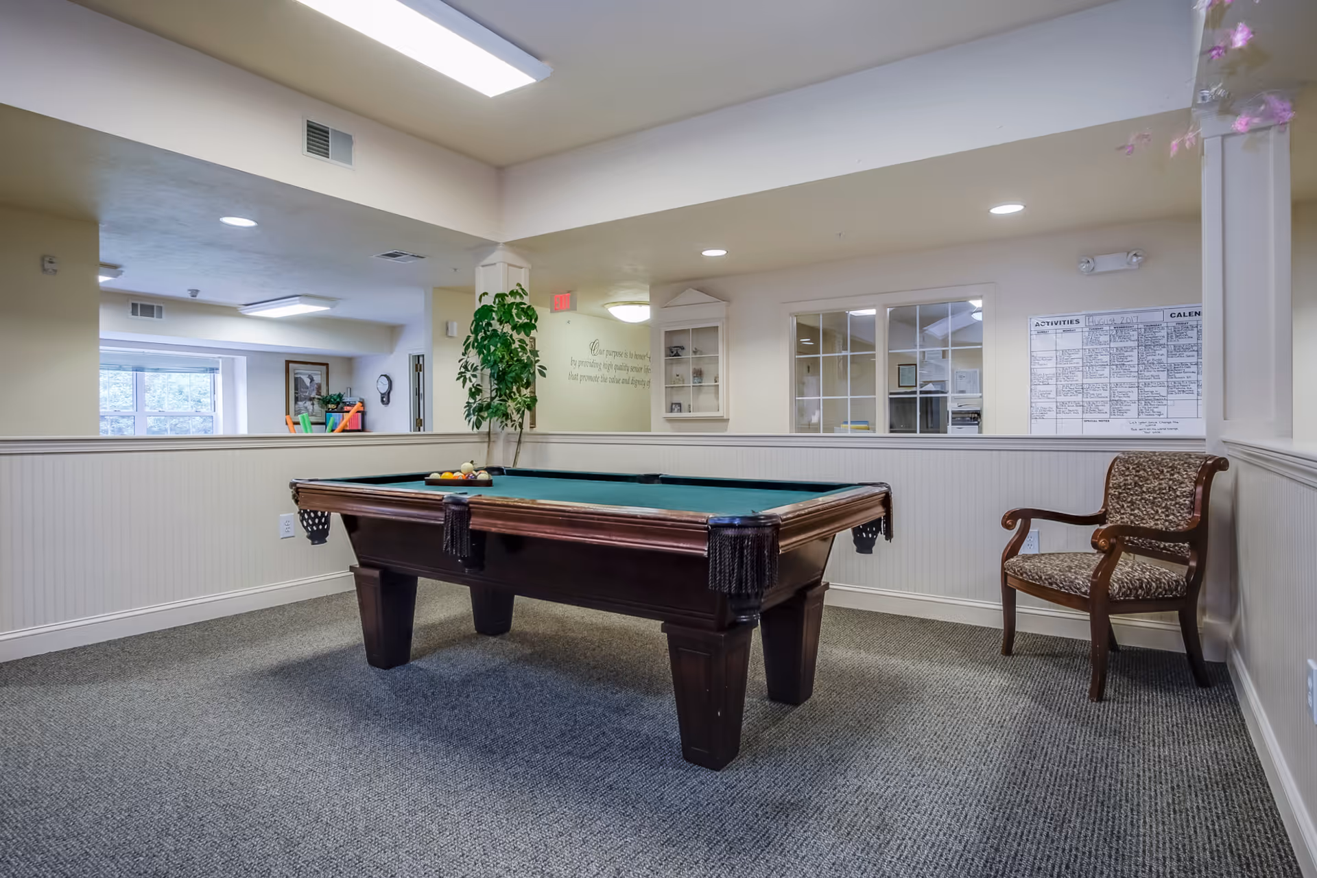 A pool table sits in a carpeted common lounge area with a chair, potted plant, and activity board on the wall.
