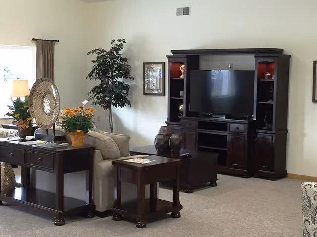 A living room area with beige walls and carpet. There is a large dark wood entertainment center with a flat-screen TV in the center. In front of the TV is a beige sofa with a dark wood side table and a matching console table behind it. The console table has decorative items including a lamp, a large decorative plate, and a potted plant with yellow flowers. A tall artificial tree is placed near the wall beside the sofa.