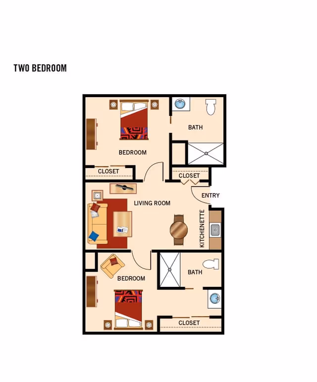 Floor plan labeled 'Two Bedroom' showing two bedrooms, two bathrooms, a living room, kitchenette and multiple closets.