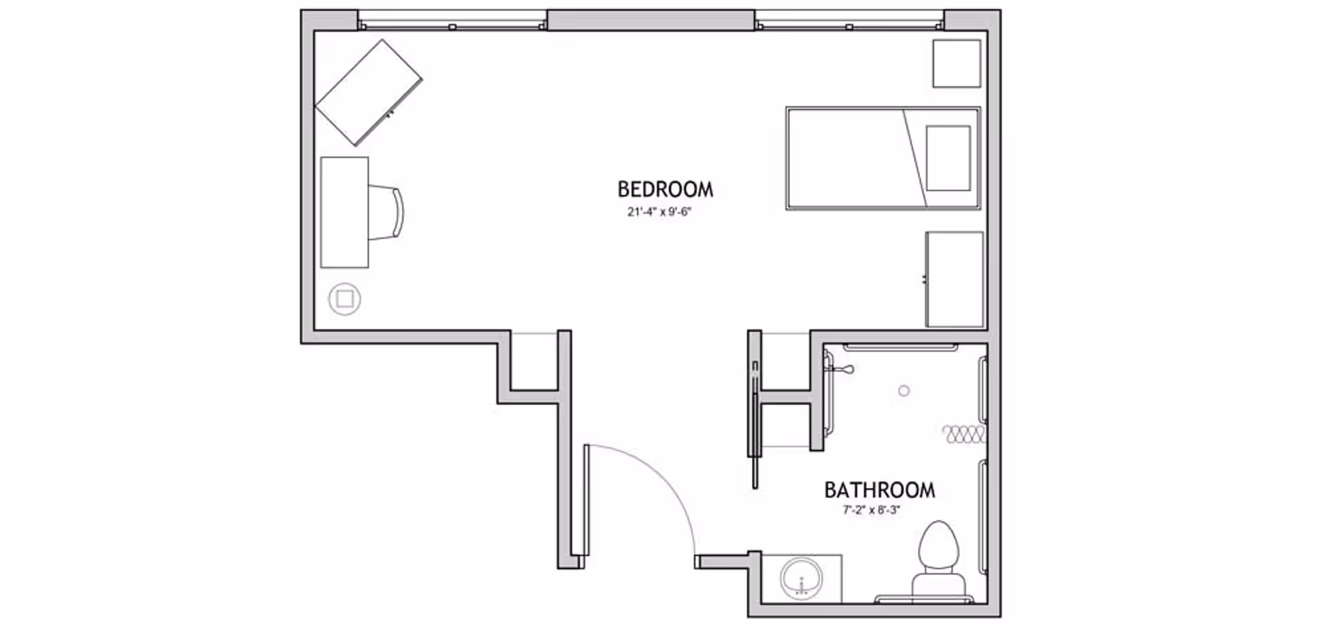Architectural floor plan of a living space at The Auberge at Brookfield showing a bedroom with a bed, desk, chair, and a bathroom with a toilet, sink, and shower.
