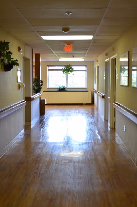 A clean, well-lit hallway in a nursing and rehabilitation facility with wooden floors, handrails on both sides, potted plants on the walls and windowsill, and an exit sign above a window at the end of the corridor.