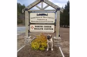 Outdoor image showing a wooden sign for Adirondack Tri-County Nursing & Rehabilitation Center and North Creek Health Center, with a large dog sitting in front of the sign. The area around the sign has some grass and bushes, and there is a road and trees in the background.