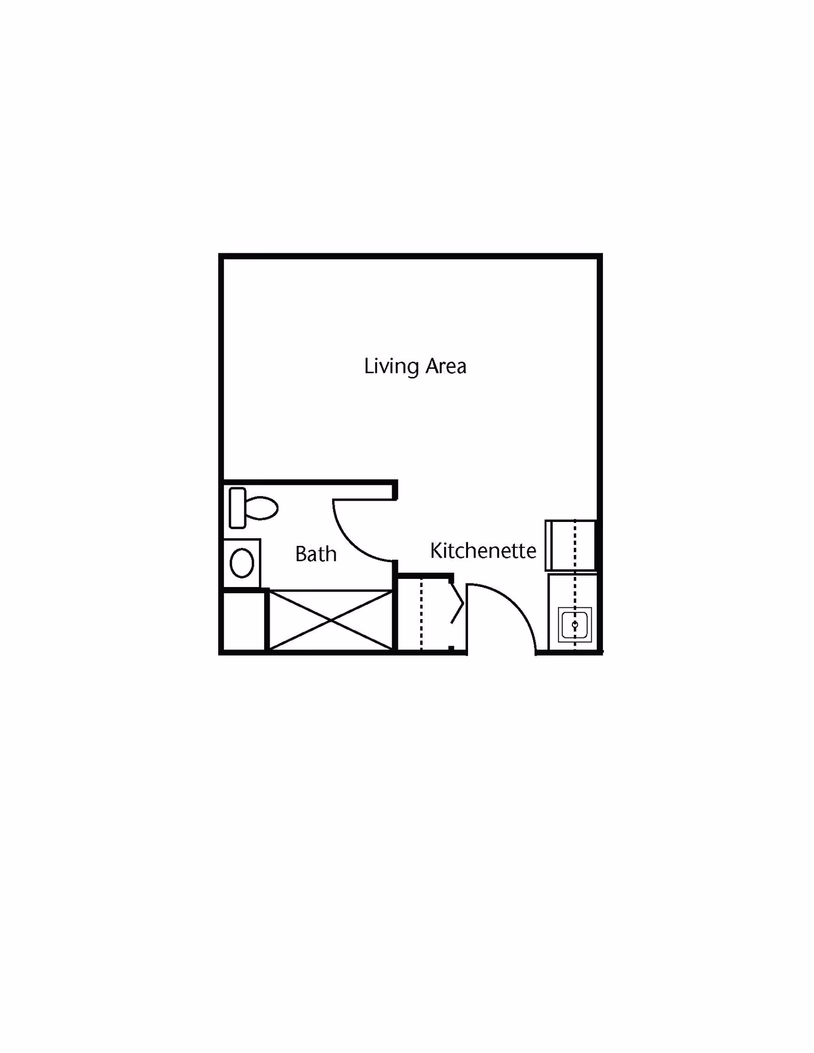 Floor plan layout showing a living area, a bath with toilet and sink, and a kitchenette with a sink and cabinets.