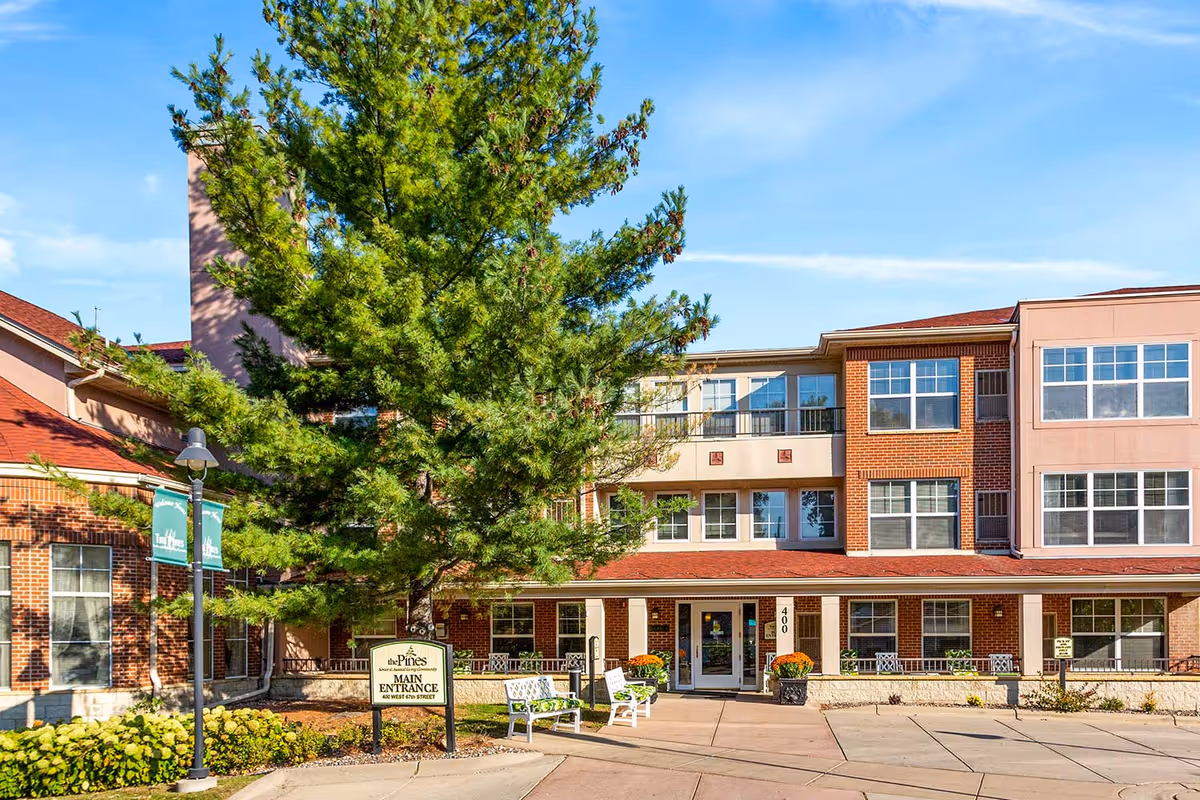 Front entrance of The Pines Senior and Assisted Living building with a large pine tree, benches, and a main entrance sign.