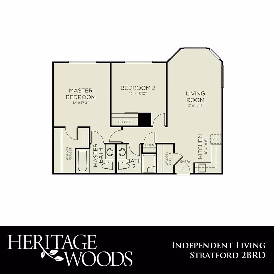 Floor plan of a two-bedroom independent living apartment named Stratford at Heritage Woods. The layout includes a master bedroom with a walk-in closet and master bath, a second bedroom with a closet, a second bathroom, a linen closet, a living room, and a kitchen with a refrigerator. The entryway leads into the kitchen area.