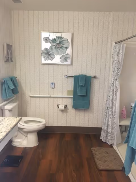 Accessible bathroom with a toilet, grab bar, shower with a curtain, teal towels, floral wall art, and wood-look flooring.