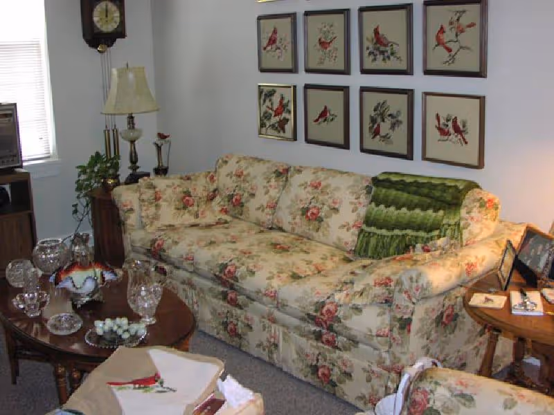 A cozy living room with a floral patterned sofa and matching armchair. The sofa has a green knitted throw draped over one arm. Above the sofa, there are eight framed pictures of red birds arranged in two rows. A wooden coffee table in front of the sofa holds various glass decorative items and a colorful glass bowl. To the left, there is a wooden grandfather clock, a table lamp, and a small plant. A side table to the right of the sofa holds framed photos and other small items. The room has a window with blinds partially open, allowing natural light in.