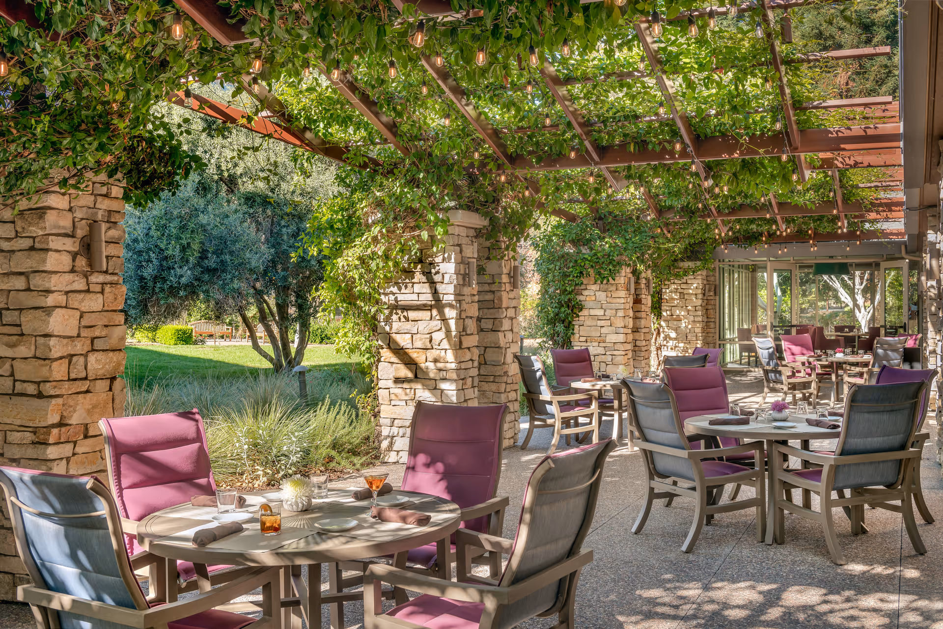 Outdoor patio dining area with round tables and cushioned chairs under a pergola covered with green vines and string lights. Stone pillars support the pergola, and there is a garden with trees and grass visible in the background.