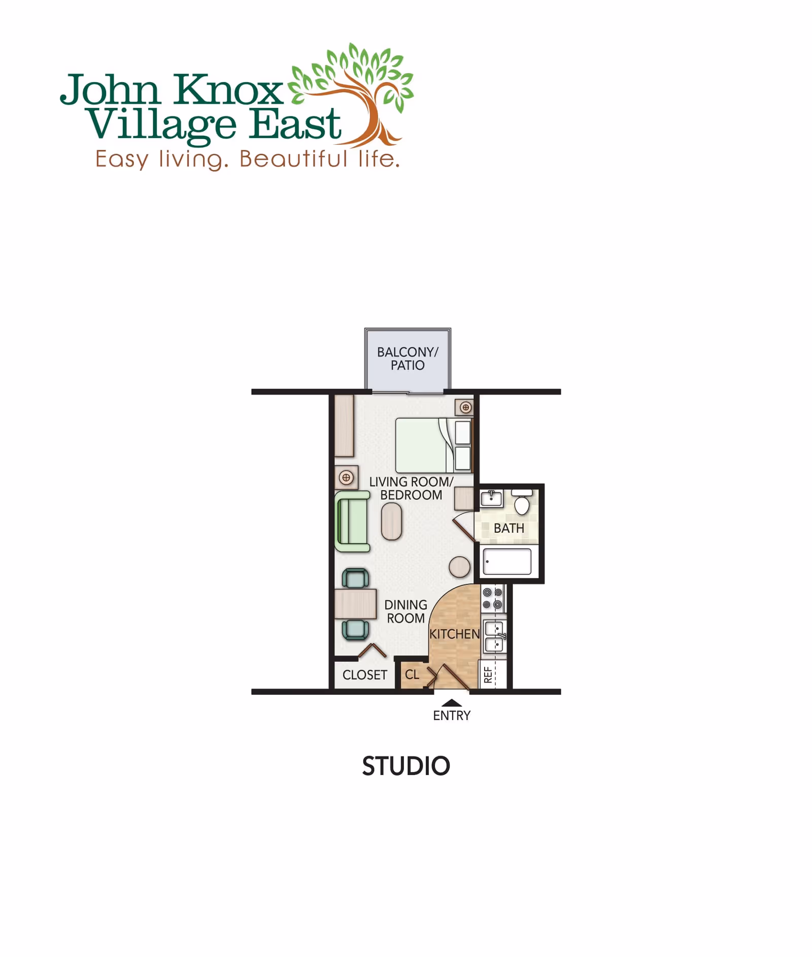 Floor plan of a studio apartment at John Knox Village East, showing a combined living room and bedroom area, dining room, kitchen, bathroom, closet, and a balcony/patio. The entry is near the kitchen and closet.