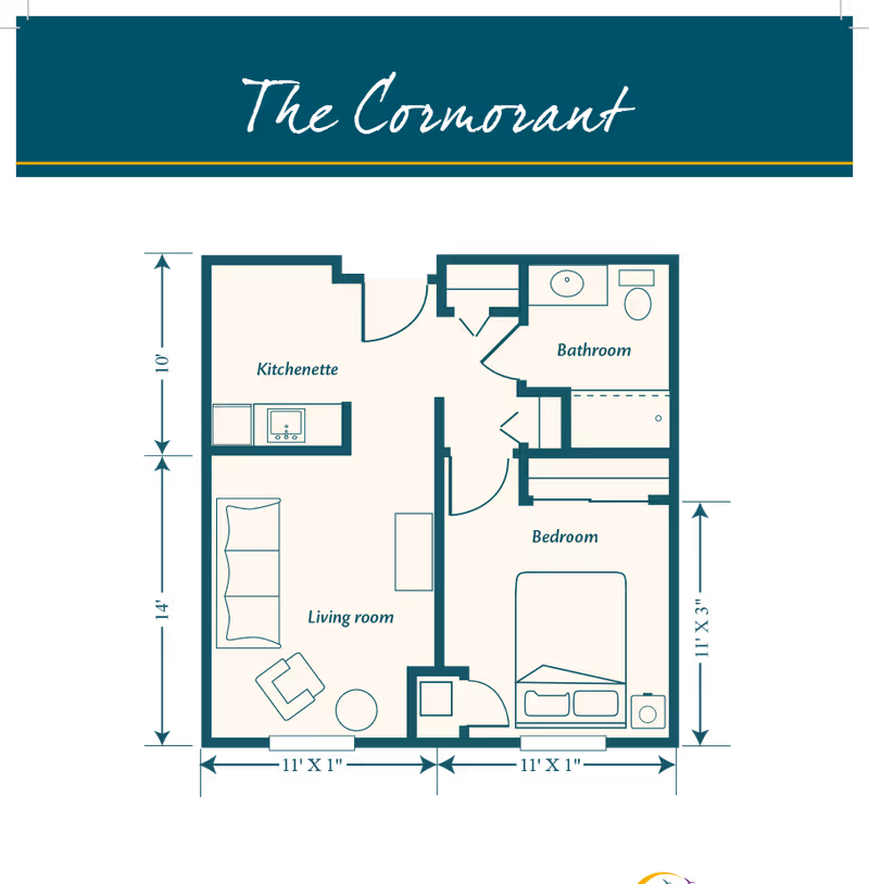 Floor plan titled 'The Cormorant' showing a layout with a kitchenette, living room, bedroom, and bathroom. Dimensions are marked for each area, with the living room and kitchenette on the left side, the bedroom on the right side, and the bathroom adjacent to the bedroom.