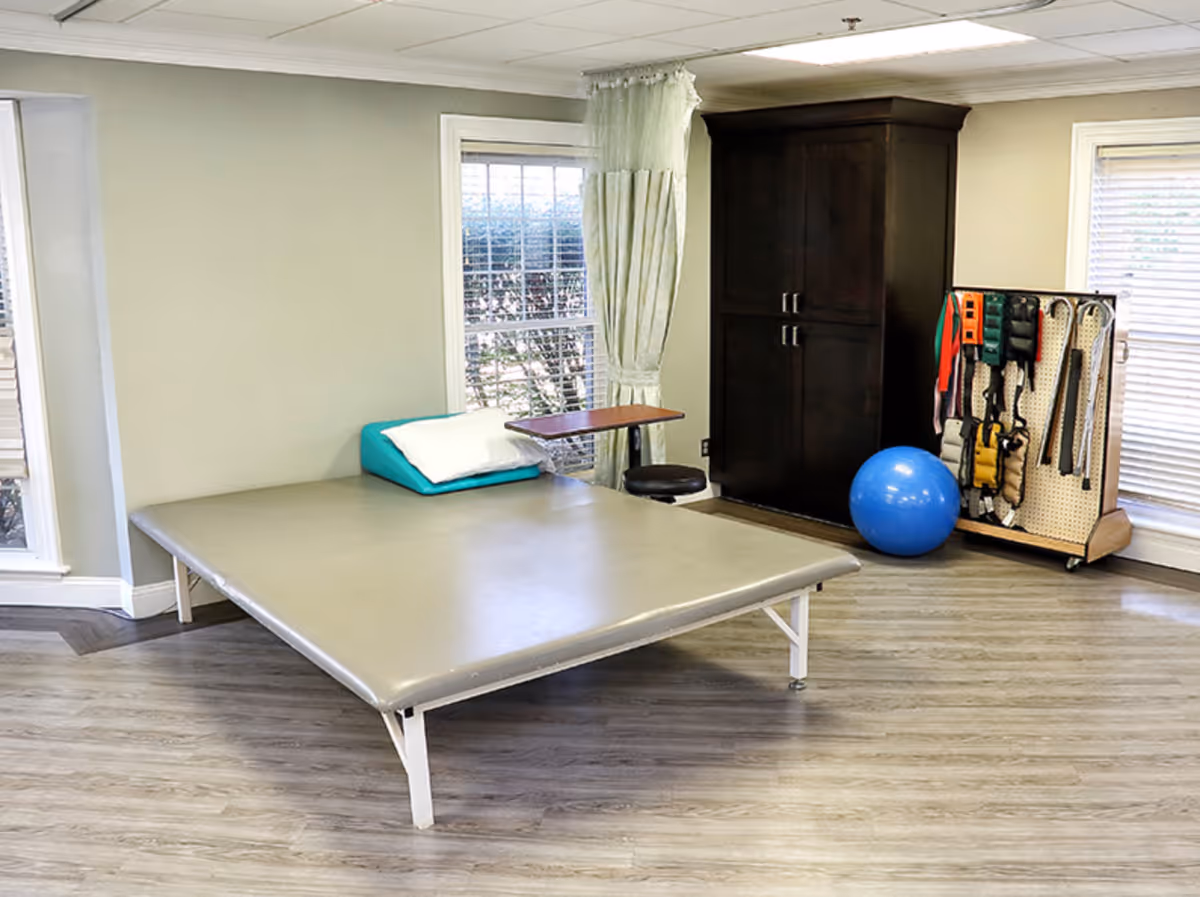 Therapy room with a large padded treatment table, pillow, exercise ball, and a cart of resistance equipment near windows.
