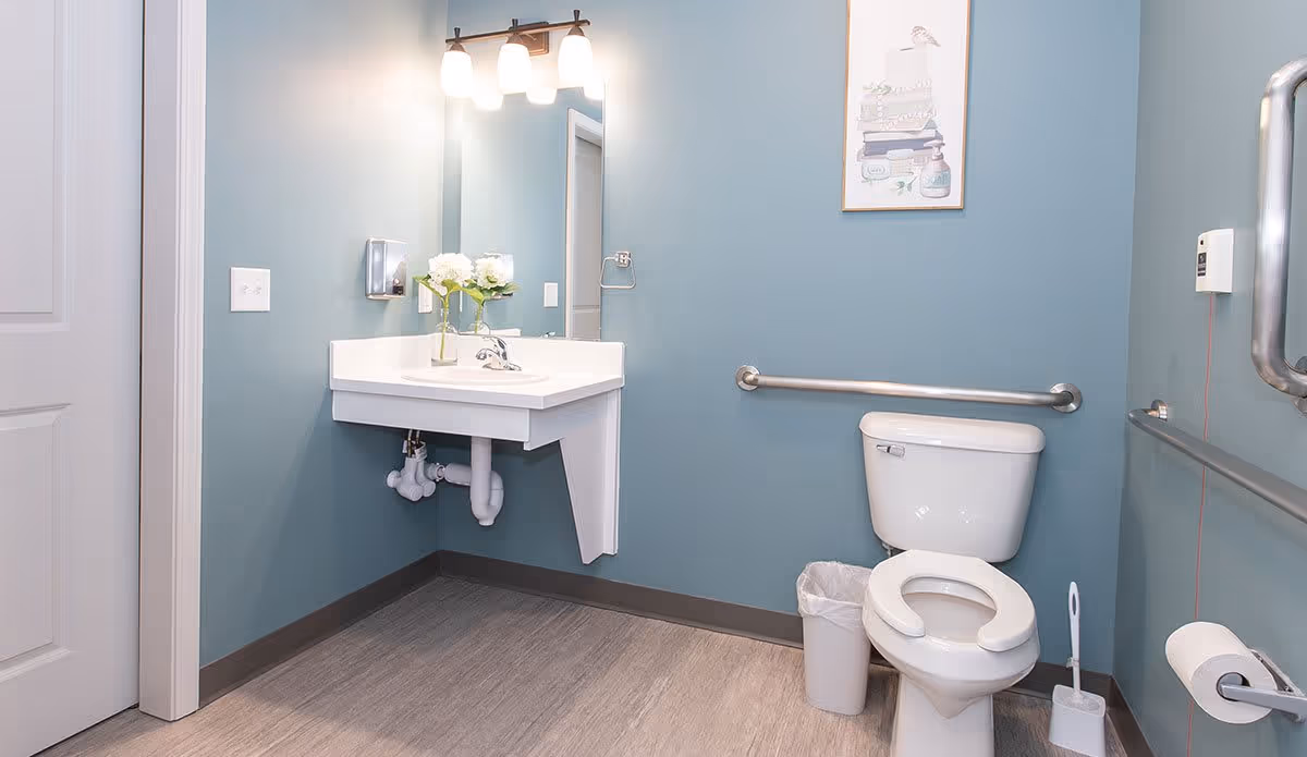 A clean and accessible bathroom with blue walls, a white toilet with grab bars on both sides, a white trash bin, a toilet brush, a wall-mounted sink with a mirror above it, a soap dispenser, and a small vase with white flowers on the sink counter. There is a framed picture hanging on the wall above the toilet.