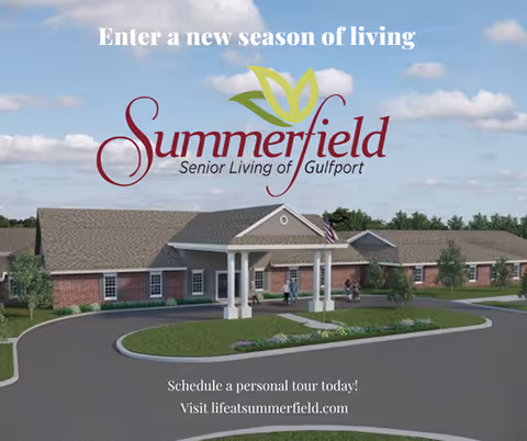 Exterior view of Summerfield Senior Living of Gulfport showing entrance and landscaped driveway.