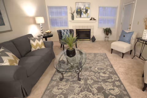A cozy living room with a gray sofa adorned with patterned pillows, a glass coffee table with a potted plant, a patterned area rug, two armchairs, a fireplace with decorative items on the mantel, and two windows with blinds.