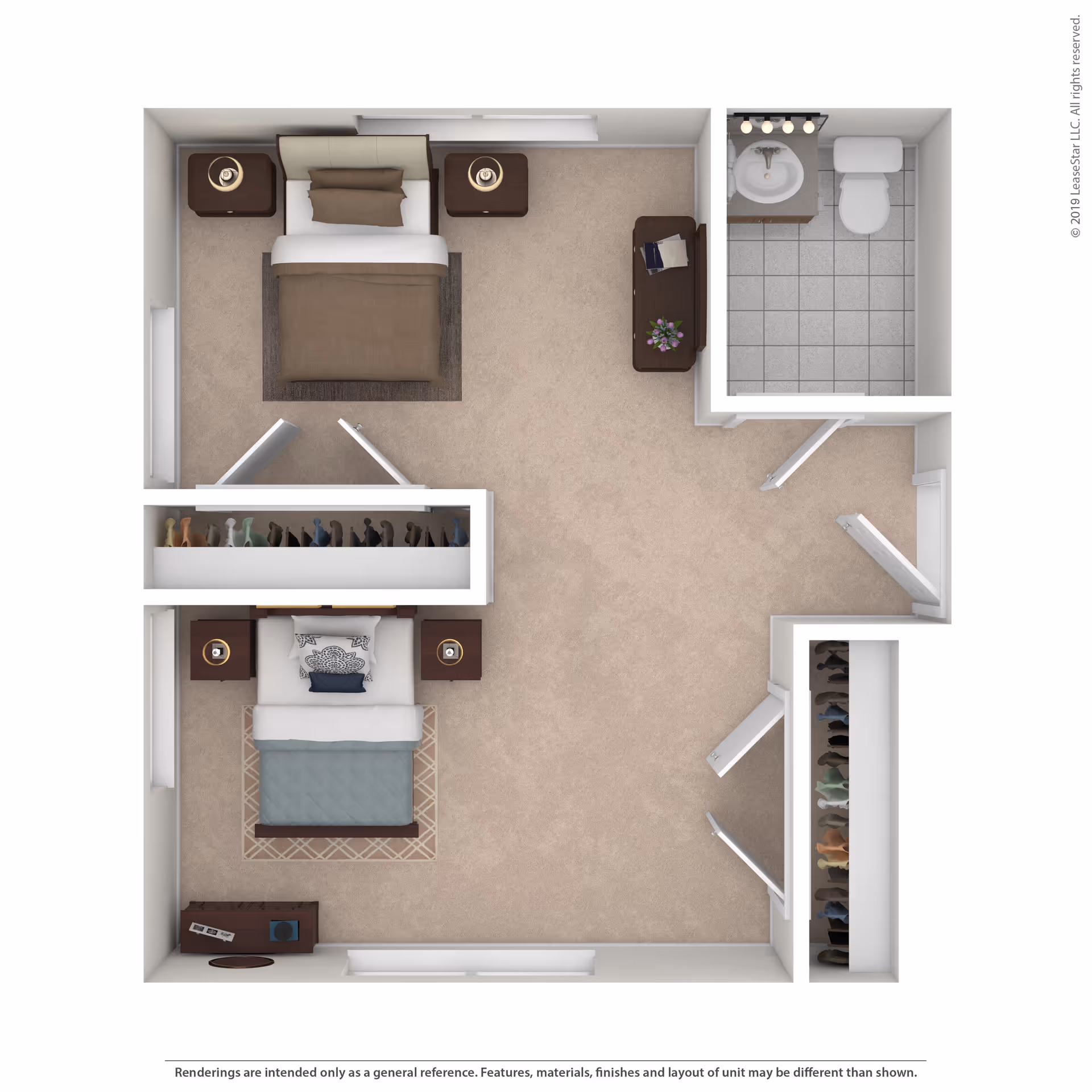 Top-down floor plan of a two-bedroom apartment with a bathroom. The larger bedroom has a double bed with two nightstands and a dresser. The smaller bedroom has a single bed with two nightstands and a dresser. There are two closets, one near the smaller bedroom and one near the entrance to the bathroom. The bathroom includes a sink, toilet, and tiled floor.