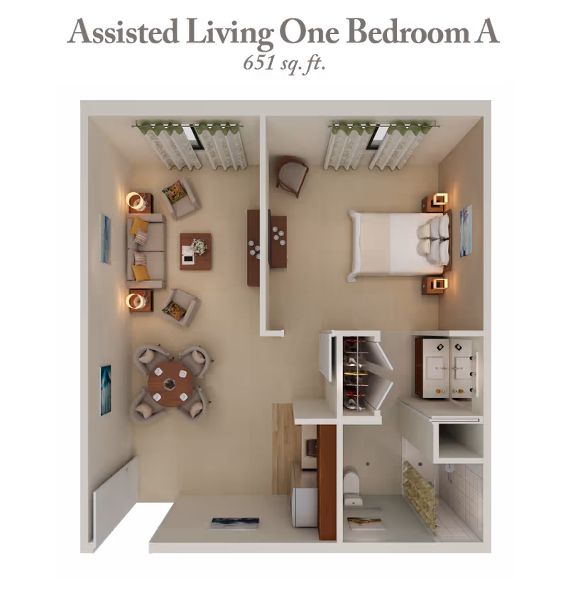 Floor plan of an assisted living one-bedroom apartment labeled 'One Bedroom A' with 651 square feet. The layout includes a living room with a sofa, two armchairs, a coffee table, and a round dining table with four chairs. Adjacent is a bedroom with a bed, two nightstands with lamps, and a chair. The apartment also features a kitchen area, a bathroom with a toilet and shower, and a closet with hanging clothes.