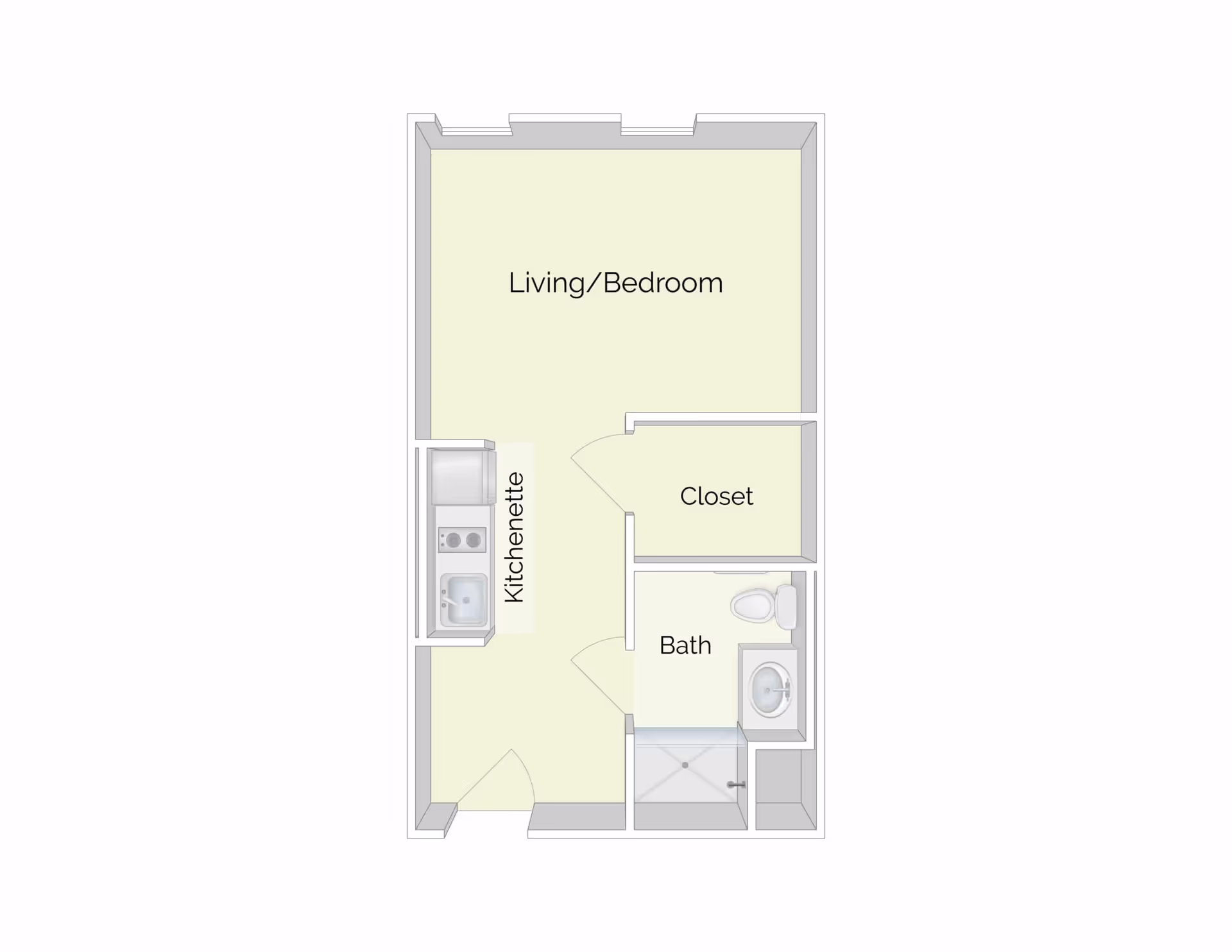 Floor plan of a small living space at The Residence at Melrose Station showing a combined living and bedroom area, a kitchenette, a closet, and a bathroom with a shower, toilet, and sink.