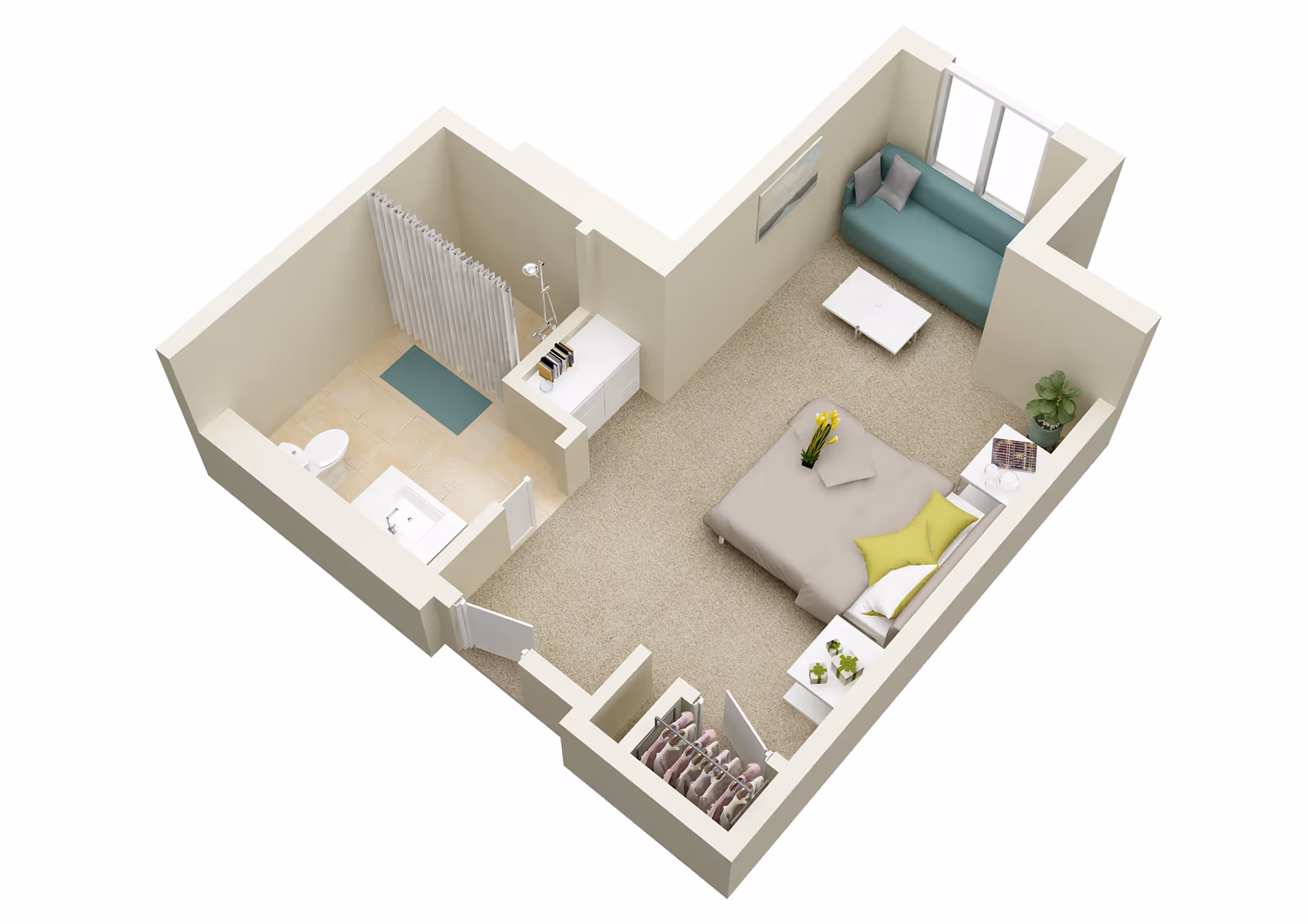 3D floor plan of a studio apartment featuring a bedroom area with a bed, pillows, a small side table with plants, a teal sofa with cushions, a coffee table, a closet with hanging clothes, and an adjacent bathroom with a toilet, sink, and shower with a curtain.
